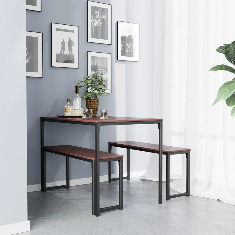 3-Piece Dining Table Set with 2 Benches Wood Table Top