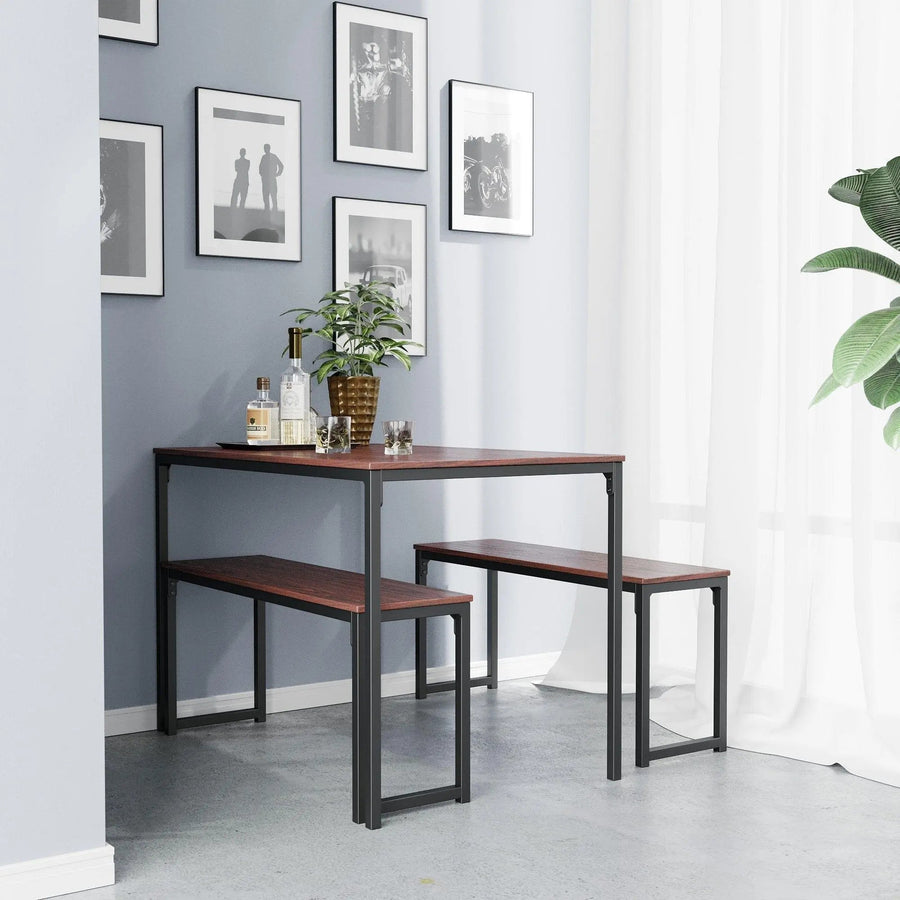 3-Piece Dining Table Set with 2 Benches Wood Table Top