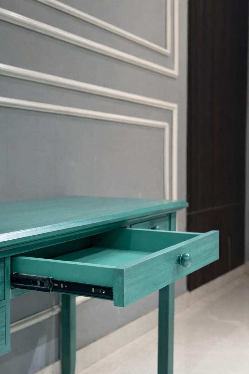Teal Solid Wood Writing Desk with Multi-Drawer Storage | Modern Home Office Table