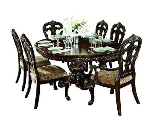 Handicrafts Stylish Look Sheesham Wood Round Shape Dining Table + Upholstered Chair 6 Seater