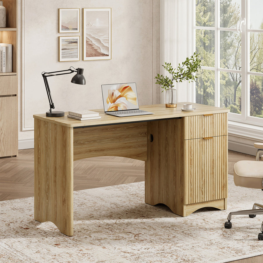 47.24" Fluted Home Office Desk With Drawer And Adjustable Storage Cabinet, Modern Writing & Computer Desk