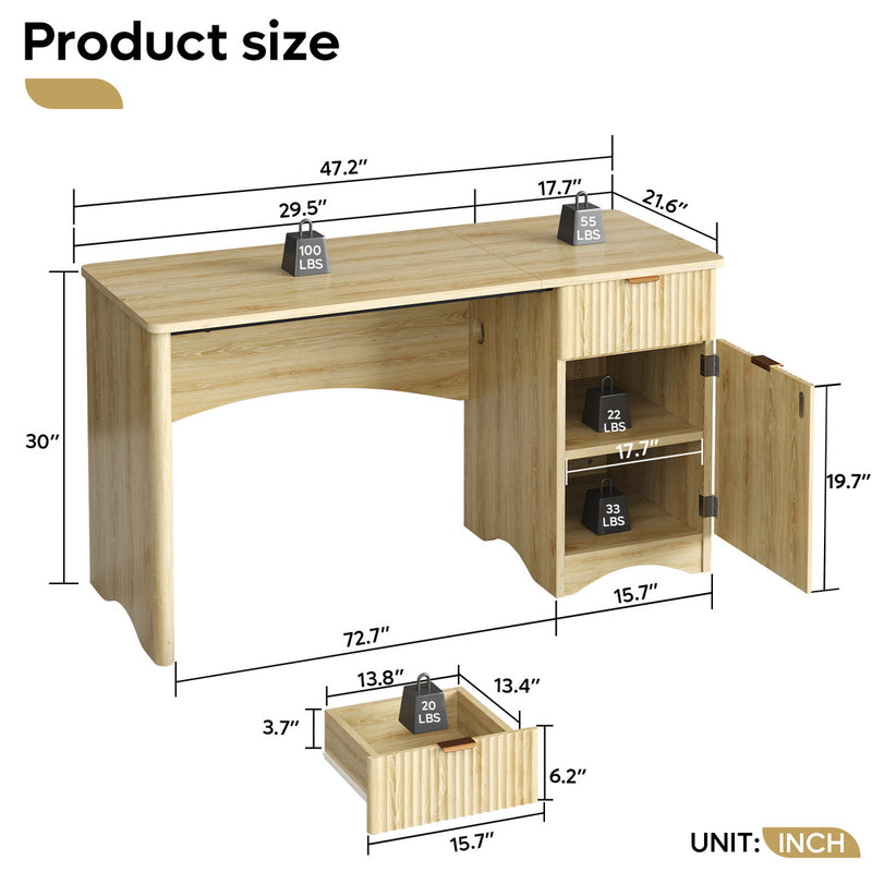 47.24" Fluted Home Office Desk With Drawer And Adjustable Storage Cabinet, Modern Writing & Computer Desk