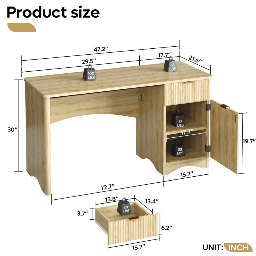 47.24" Fluted Home Office Desk With Drawer And Adjustable Storage Cabinet, Modern Writing & Computer Desk