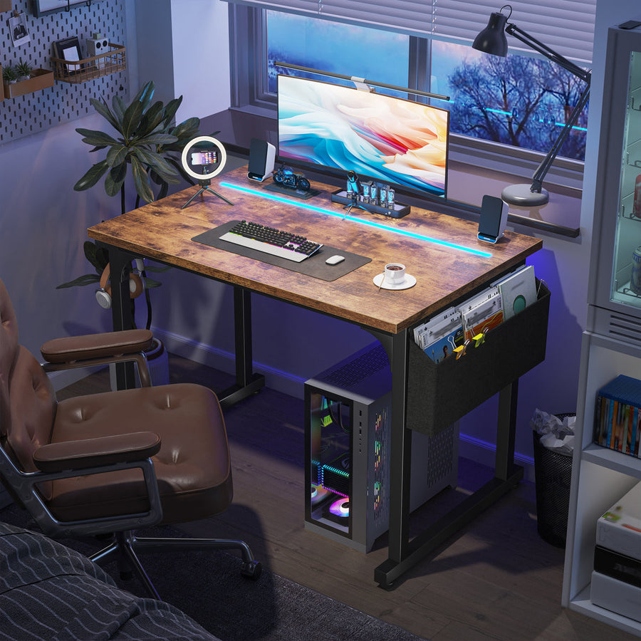 Home Office Computer Desk With LED Lights For Small Spaces, Study Writing Desk With Storage Bag And Headphone Hook