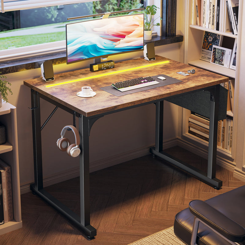 Home Office Computer Desk With LED Lights For Small Spaces, Study Writing Desk With Storage Bag And Headphone Hook