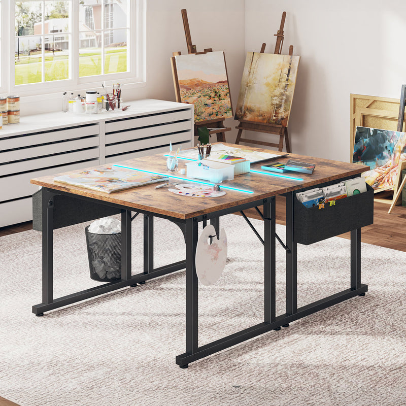 Home Office Computer Desk With LED Lights For Small Spaces, Study Writing Desk With Storage Bag And Headphone Hook