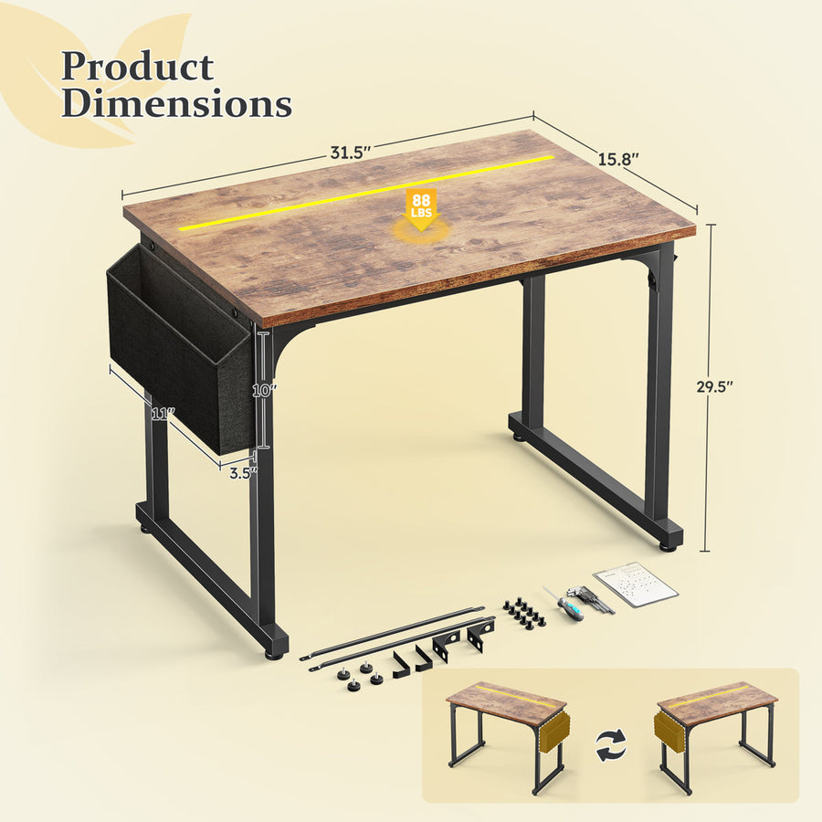 Home Office Computer Desk With LED Lights For Small Spaces, Study Writing Desk With Storage Bag And Headphone Hook