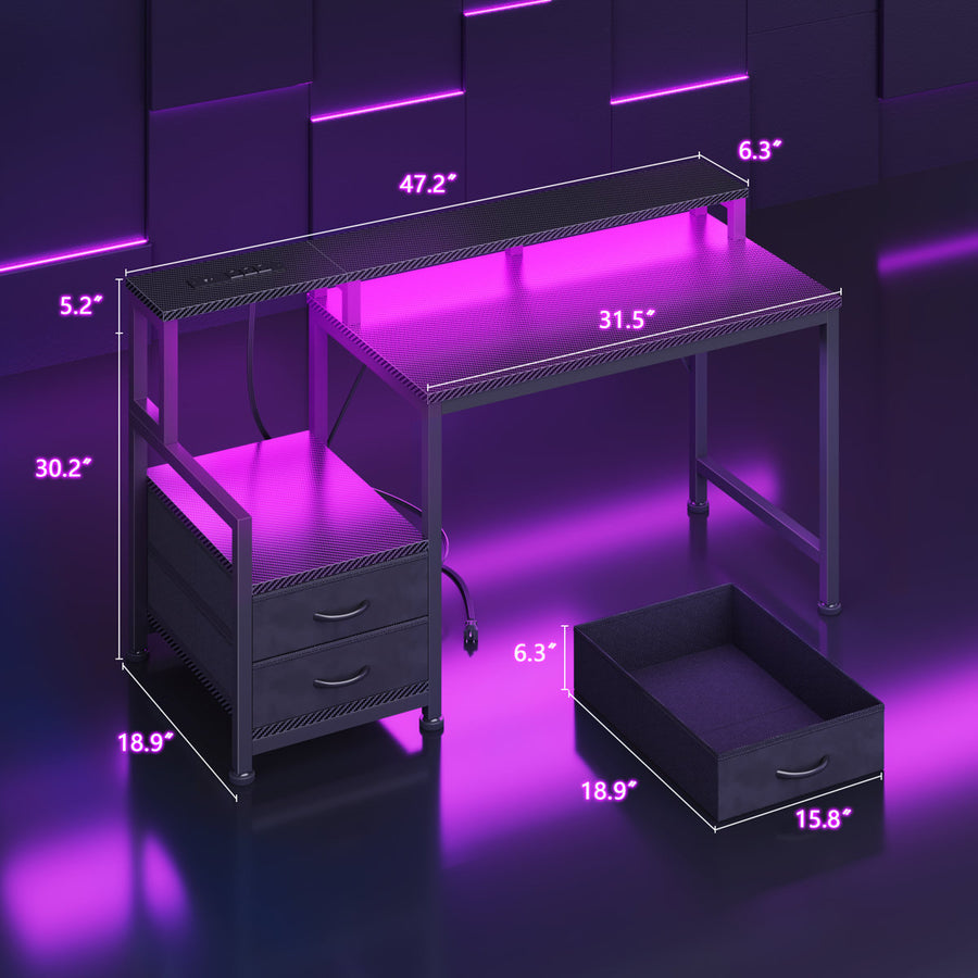 Computer Desk with RGB LED Lights, Charging Station, Monitor Stand & Drawers, Gaming Desk with Adjustable Shelves