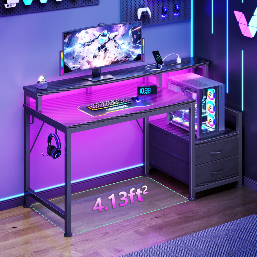 Computer Desk with RGB LED Lights, Charging Station, Monitor Stand & Drawers, Gaming Desk with Adjustable Shelves