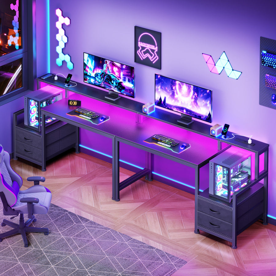 Computer Desk with RGB LED Lights, Charging Station, Monitor Stand & Drawers, Gaming Desk with Adjustable Shelves