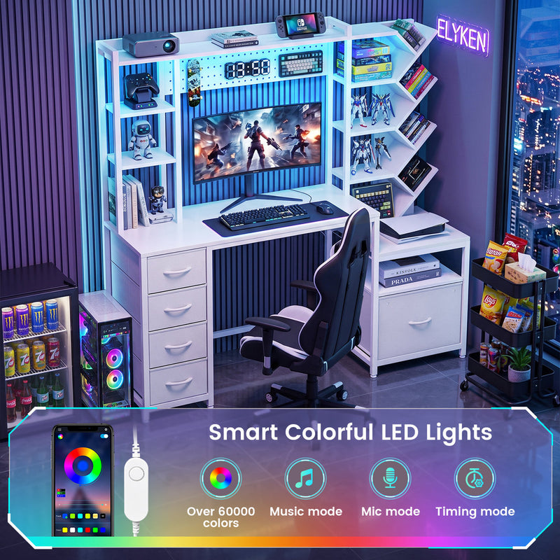 5-Drawer LED Computer Desk with Bookshelves and Filing Storage