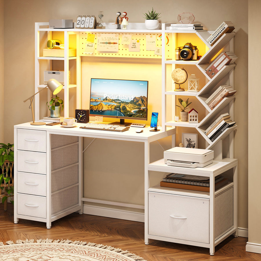 5-Drawer LED Computer Desk with Bookshelves and Filing Storage