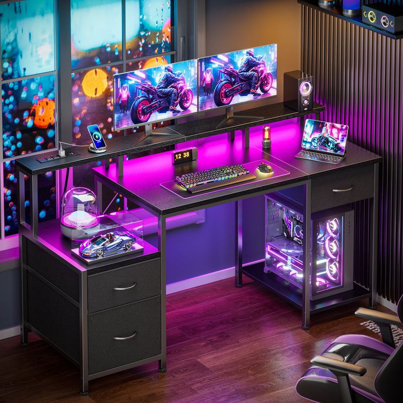 Reversible Computer Desk with LED Lights, Charging Station, Drawers & Monitor Stand, Home Office Desk with Shelf