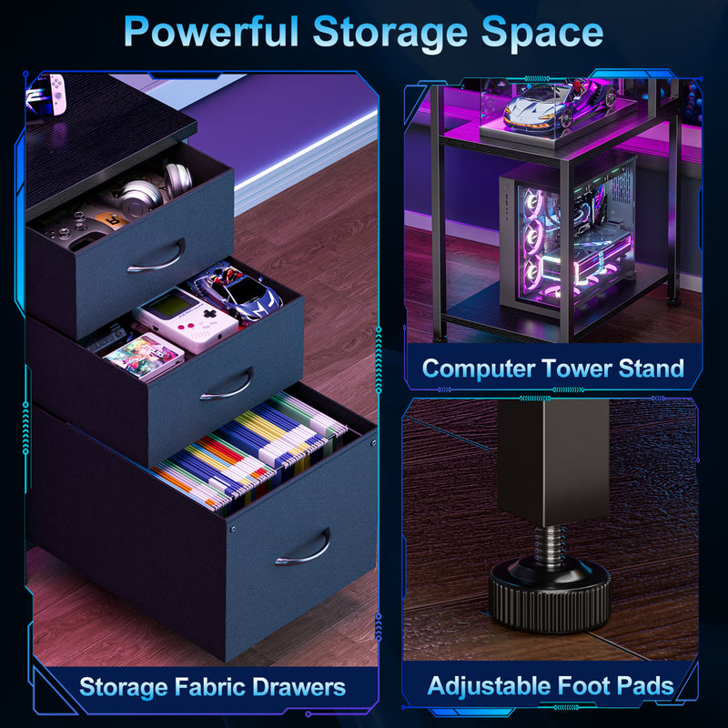Reversible Computer Desk with LED Lights, Charging Station, Drawers & Monitor Stand, Home Office Desk with Shelf