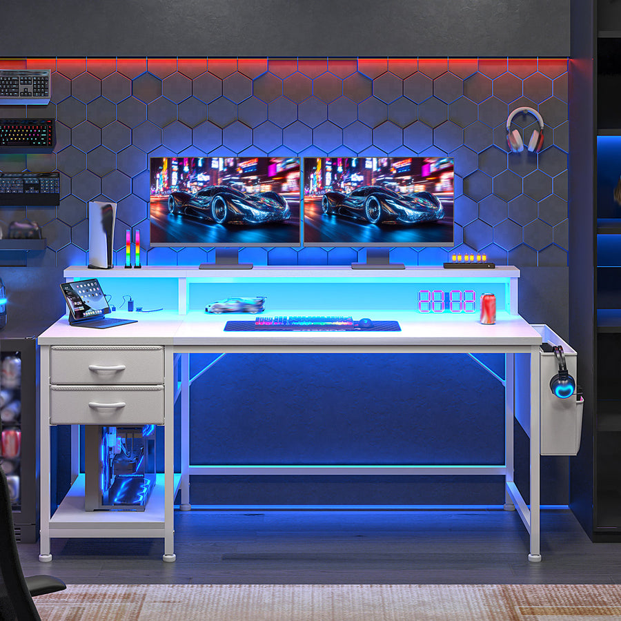 Computer Desk With Monitor Stand & Power Outlet & 2 Drawers & Side Pocket,gaming Desk With Led Lights
