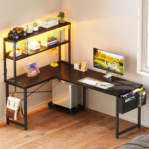Inbox Zero L-Shaped Desk with LED Lights and Power Outlets