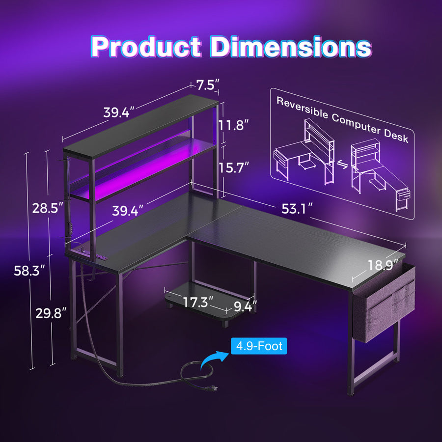 Inbox Zero L-Shaped Desk with LED Lights and Power Outlets