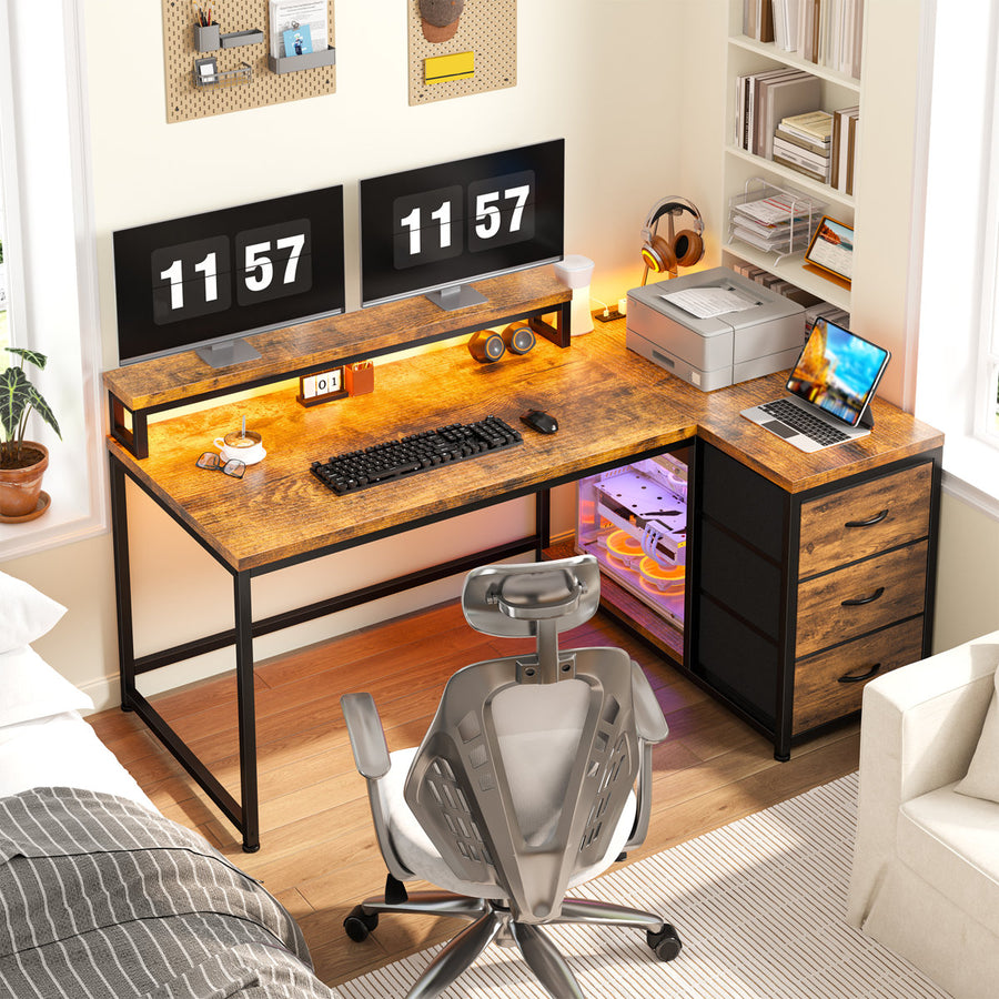 Small Home Office L Shaped Computer Desk With 3 Drawers & Led Lights & Power Outlet & Monitor Stand