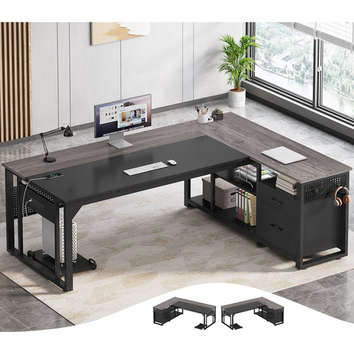 71" L-Shaped Executive Desk With Power Outlets, Modern Home Office Corner Desk with File Drawers and Pegboard