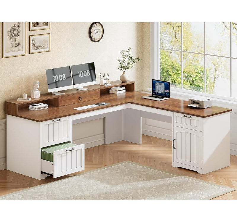 Farmhouse L Shaped Office Desk With Drawers