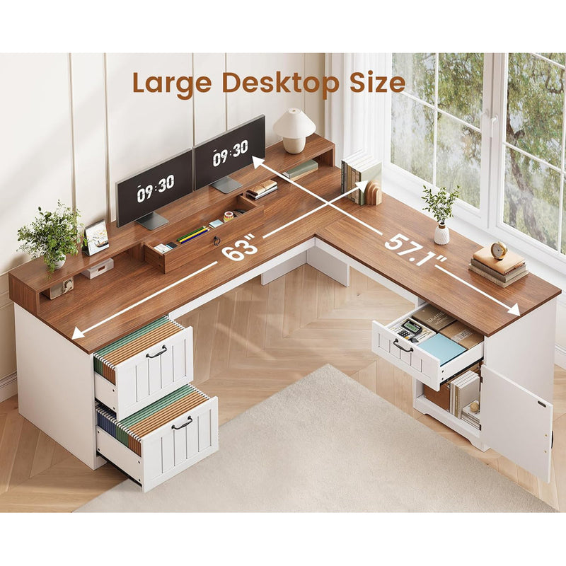 Farmhouse L Shaped Office Desk With Drawers