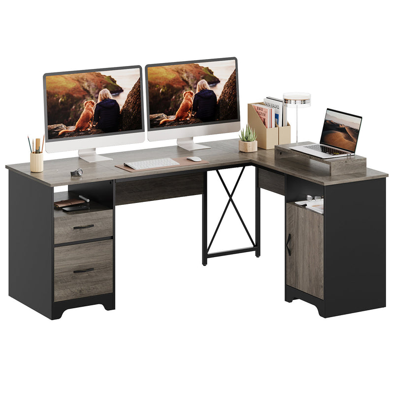 Bartolot 63" W L-Shaped Computer Desk with Monitor Stand and Drawers