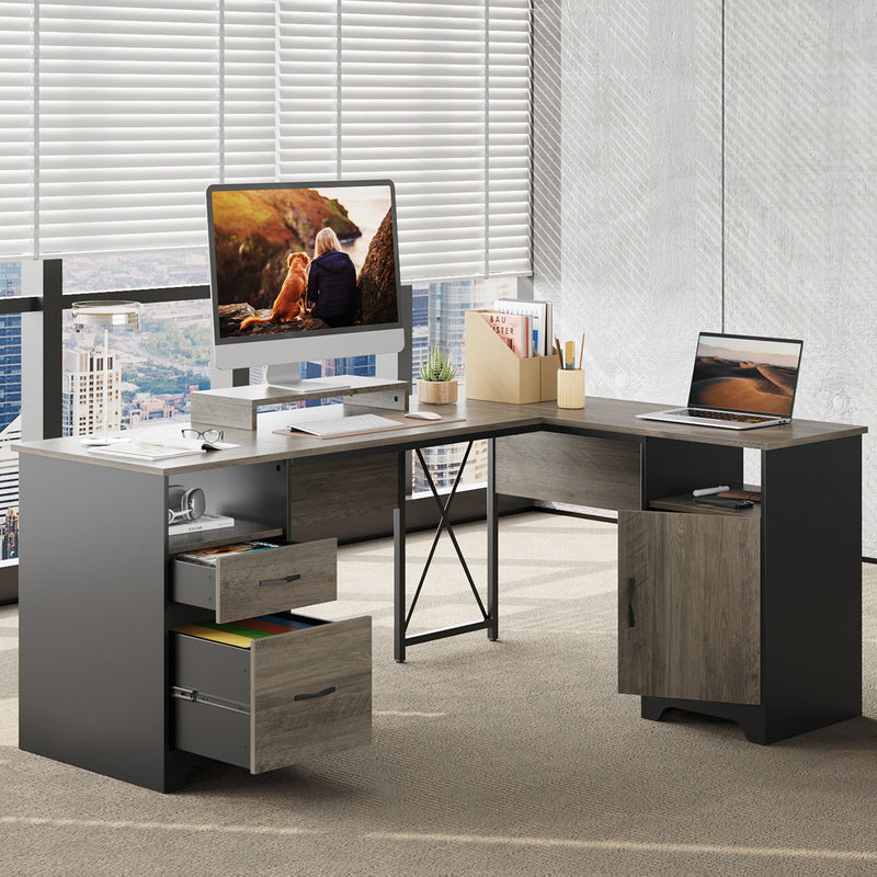 Bartolot 63" W L-Shaped Computer Desk with Monitor Stand and Drawers