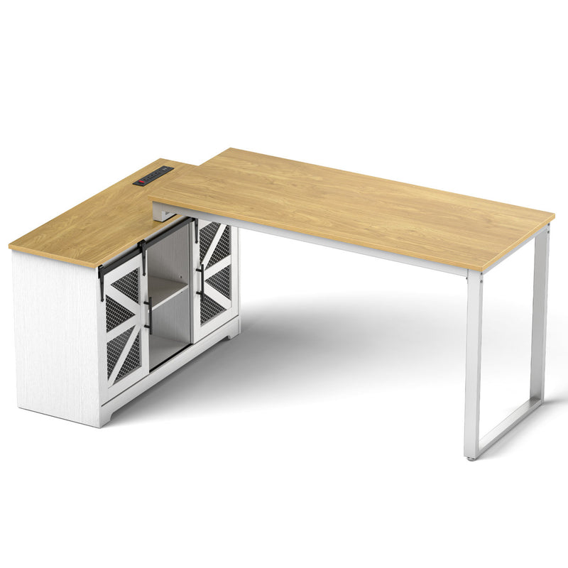 Detrell 65” L-Shape Home Office Desk with Cabinet and Sliding Barn Doors, Farmhouse Executive Desk With Outlet, Rustic Computer Desk