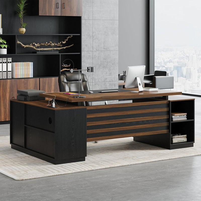78-Inch L-Shaped Executive Desk Large Office Desk With Power Outlet, Drawer Lateral File Cabinet, Modern Computer Table With Open Shelf And Storage Cabinet For Home Office Study, Brown Black