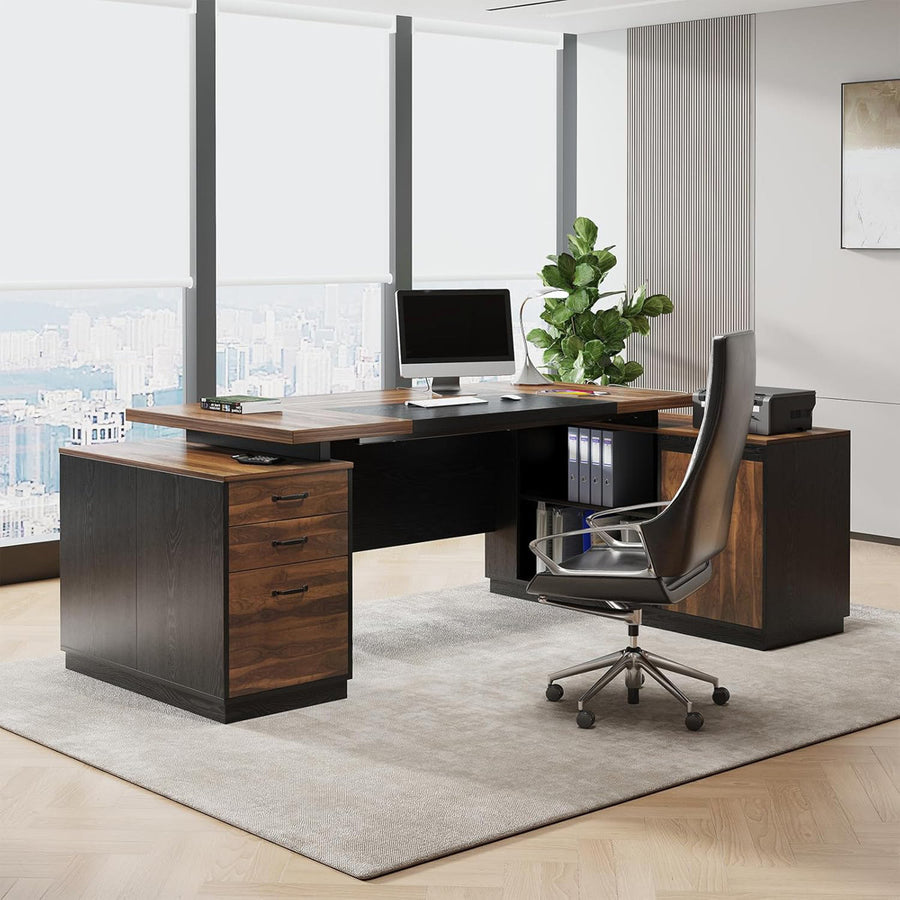78-Inch L-Shaped Executive Desk Large Office Desk With Power Outlet, Drawer Lateral File Cabinet, Modern Computer Table With Open Shelf And Storage Cabinet For Home Office Study, Brown Black