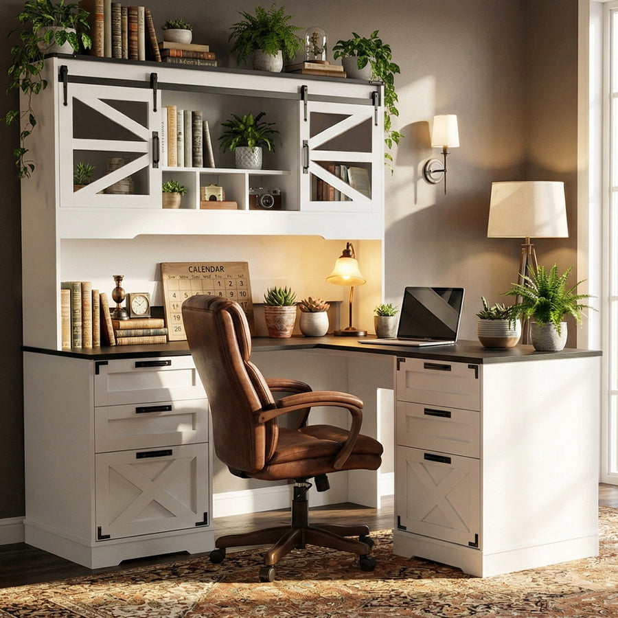 57" Farmhouse L Shaped Executive Desk With Drawers and Hutch, Home Office Corner Desk With Charging Station, White