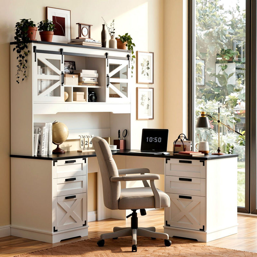 57" Farmhouse L Shaped Executive Desk With Drawers and Hutch, Home Office Corner Desk With Charging Station, White