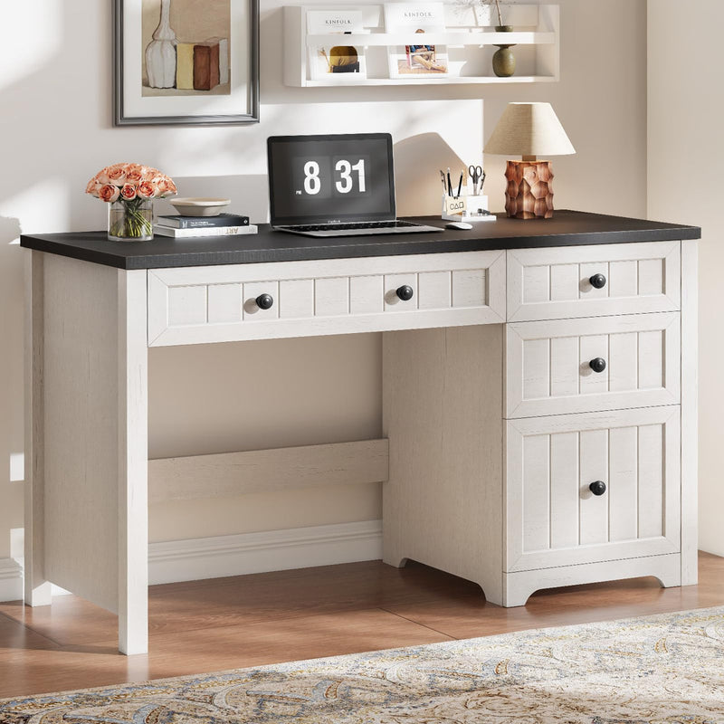Farmhouse Executive Desk With 4 Drawers, Home Office Desk With File Drawer, Wood Computer Desk With Storage
