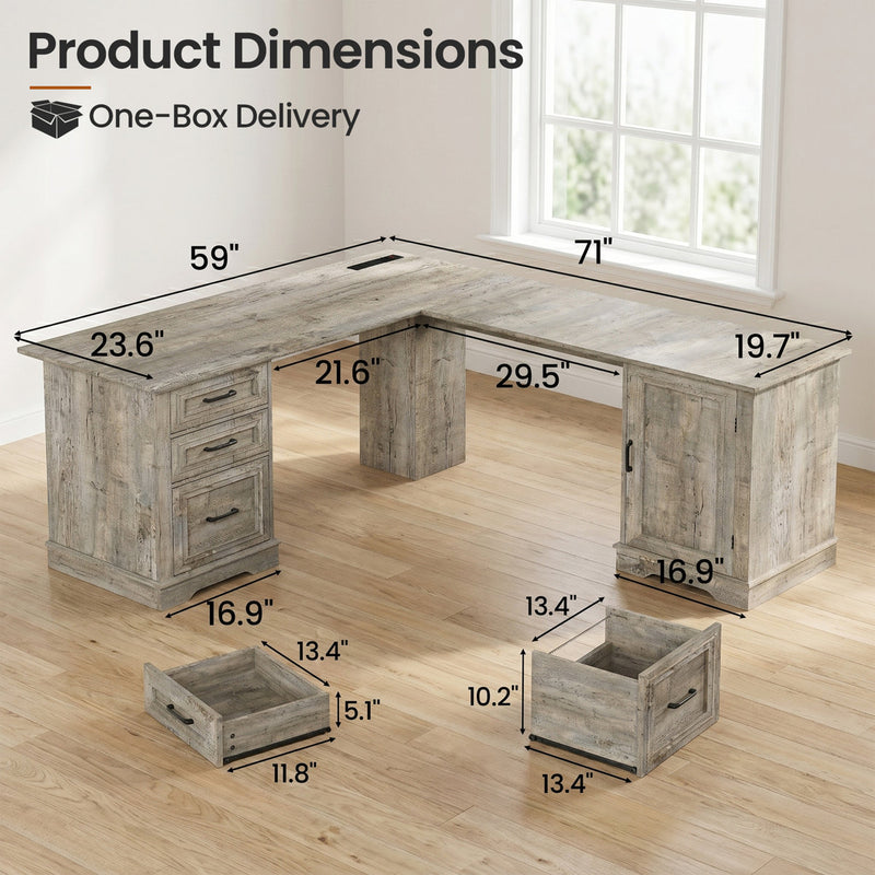 71" L-shaped Executive Desk With Power Outlets And File Drawer