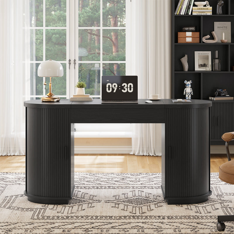 59'' Lift-Top Executive Desk with Power Outlet, Mid-Century Writing Desk with 2 Tambour Cabinet