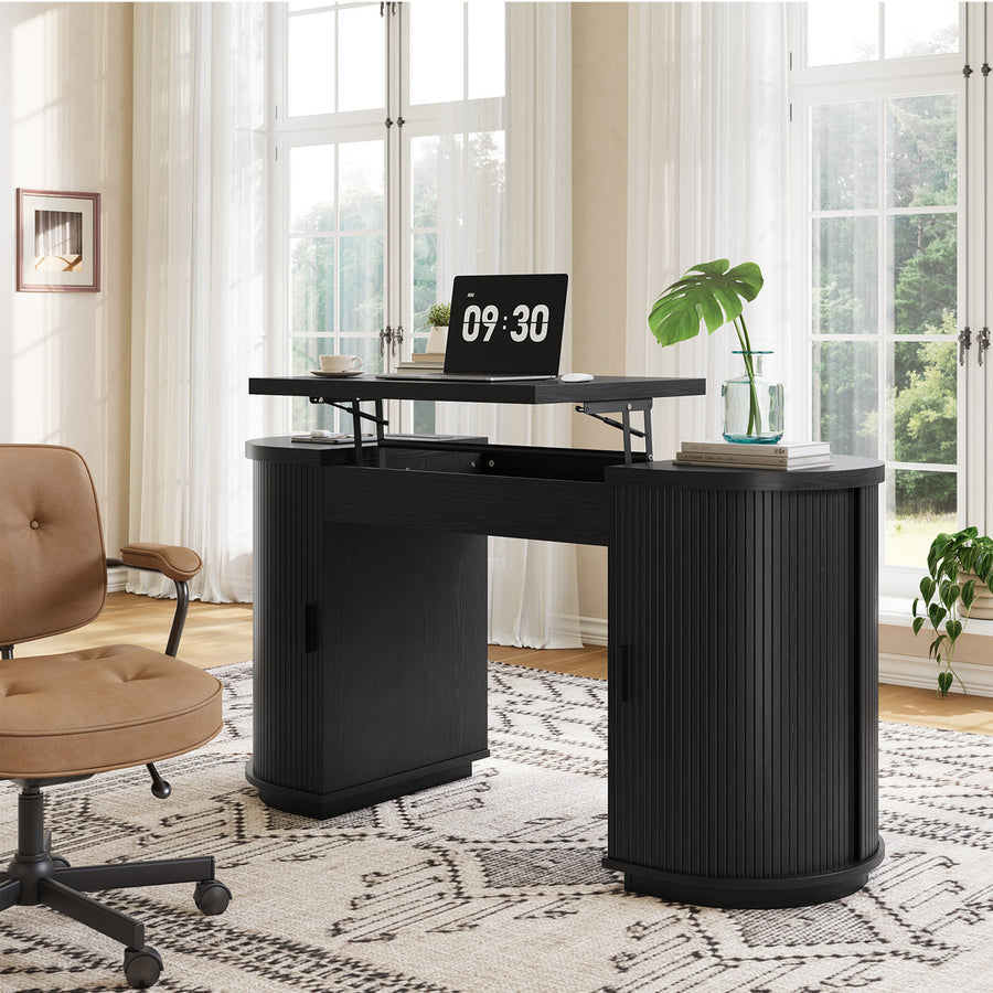 59'' Lift-Top Executive Desk with Power Outlet, Mid-Century Writing Desk with 2 Tambour Cabinet