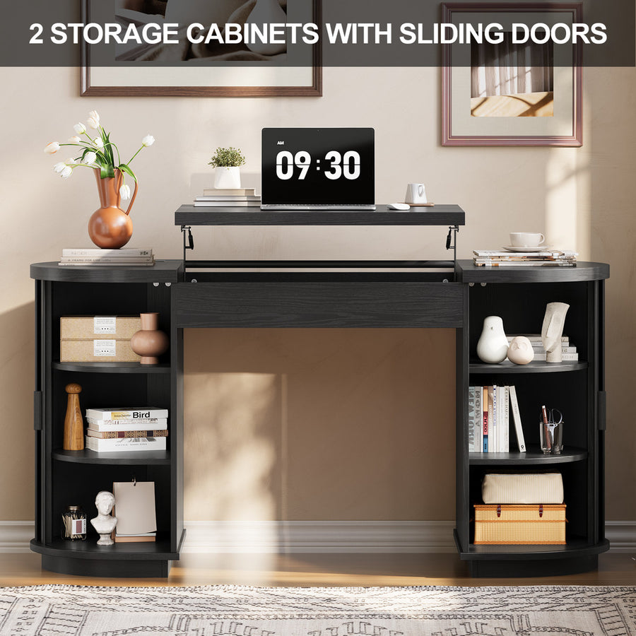 59'' Lift-Top Executive Desk with Power Outlet, Mid-Century Writing Desk with 2 Tambour Cabinet