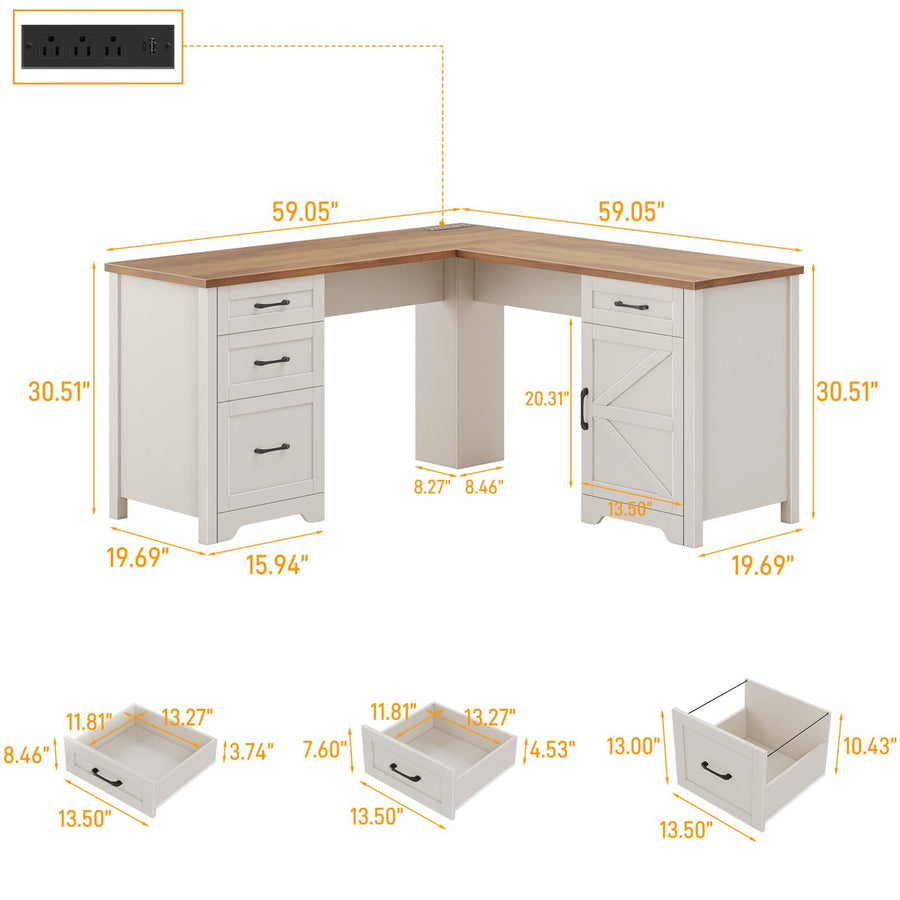 59” L Shaped Executive Desk With Power Outlets