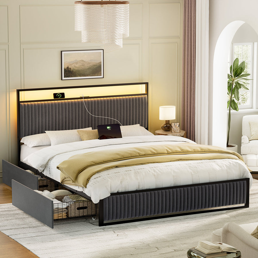 Antioch Upholstered Platform Bed with Drawer Storage & Charging Station