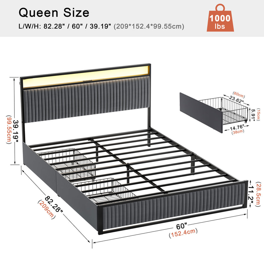 Antioch Upholstered Platform Bed with Drawer Storage & Charging Station