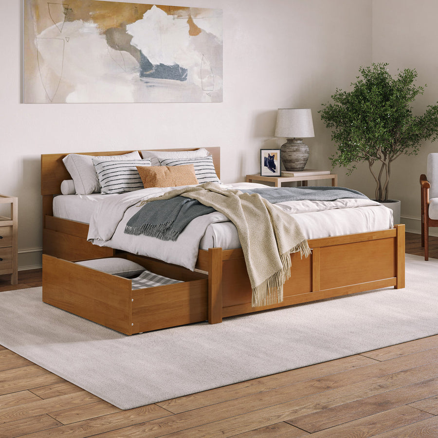 Orlando Solid Wood Platform Bed with Panel Footboard & Storage Drawers