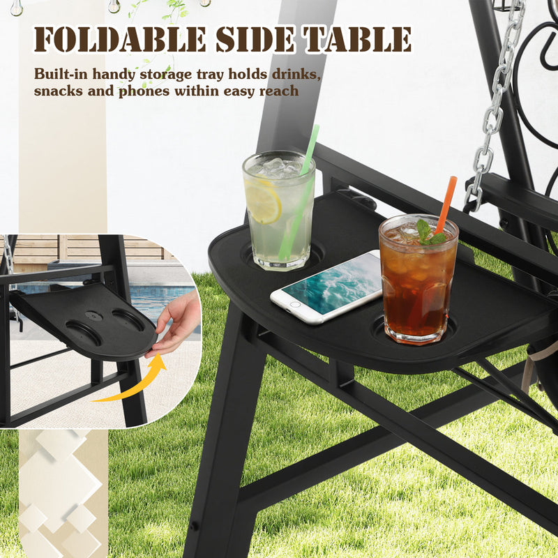 3-Person Outdoor Canopy Porch Swing Chair, Breathable Textilene Seat & Armrests, Adjustable Canopy Shade, Heavy-Duty Powder-Coated Steel Frame for Patio, Backyard, Poolside & Balcony, Beige