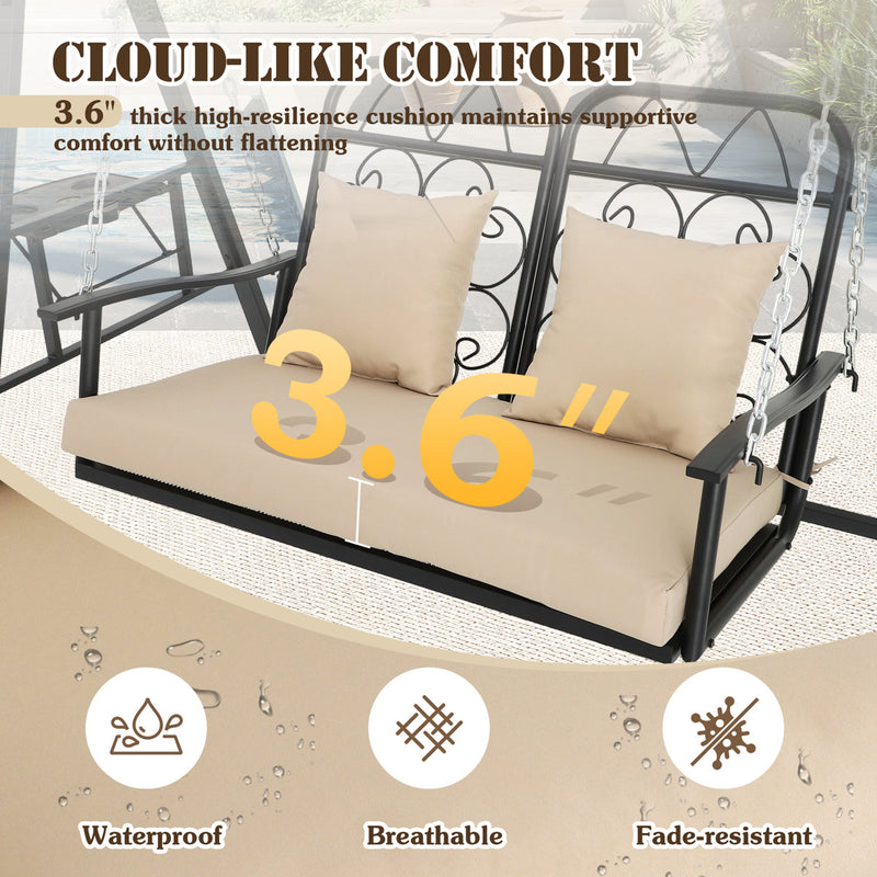 3-Person Outdoor Canopy Porch Swing Chair, Breathable Textilene Seat & Armrests, Adjustable Canopy Shade, Heavy-Duty Powder-Coated Steel Frame for Patio, Backyard, Poolside & Balcony, Beige