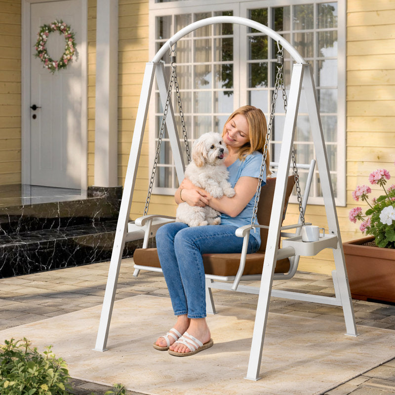 1 Person Porch Swing With Heavy-duty Metal Frame, Dual Side Trays And Adjustable Chains