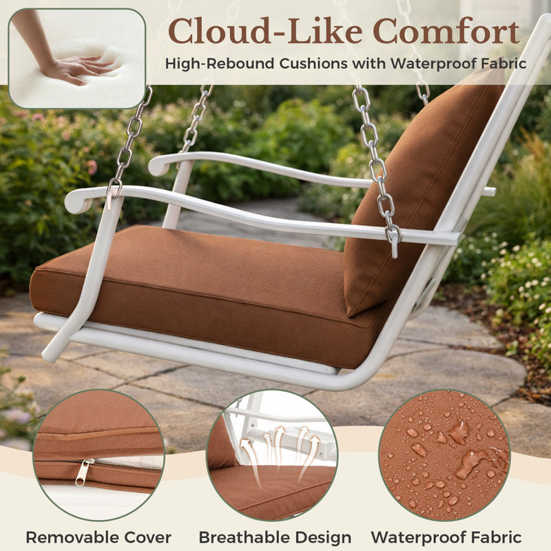 1 Person Porch Swing With Heavy-duty Metal Frame, Dual Side Trays And Adjustable Chains
