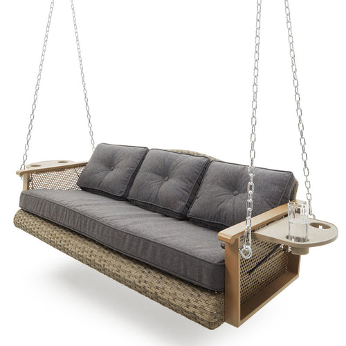 3-Seat Wicker Hanging Porch Swing With Cup Holders & Cushions, Heavy Duty Outdoor Patio Swing Bench With Chains For Porch, Patio, Backyard