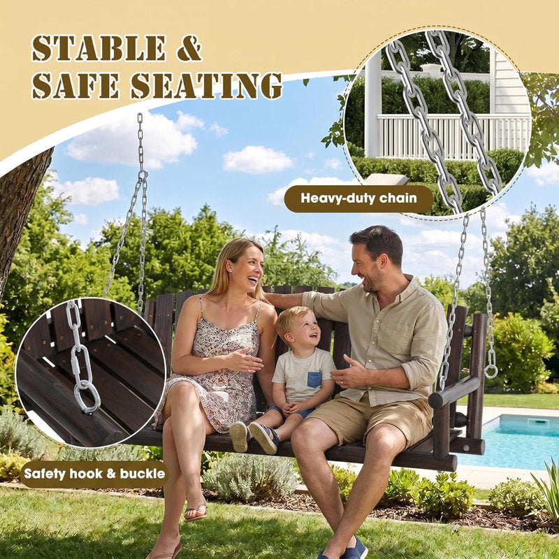 Wood Porch Swing, 3-Person Hanging Bench with Heavy-Duty Chains, 900 LBS Outdoor Swing Chair for Patio, Garden, Yard, Front Porch