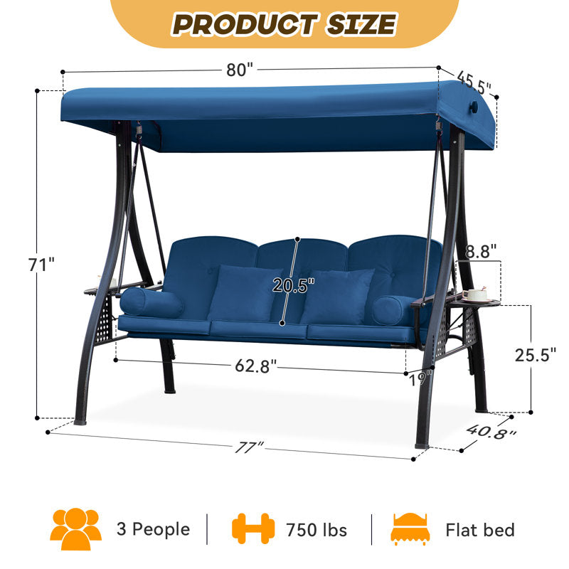 Fassold Outdoor Patio Swing Chair for 3 People, with Removable Cushion and Convertible Canopy