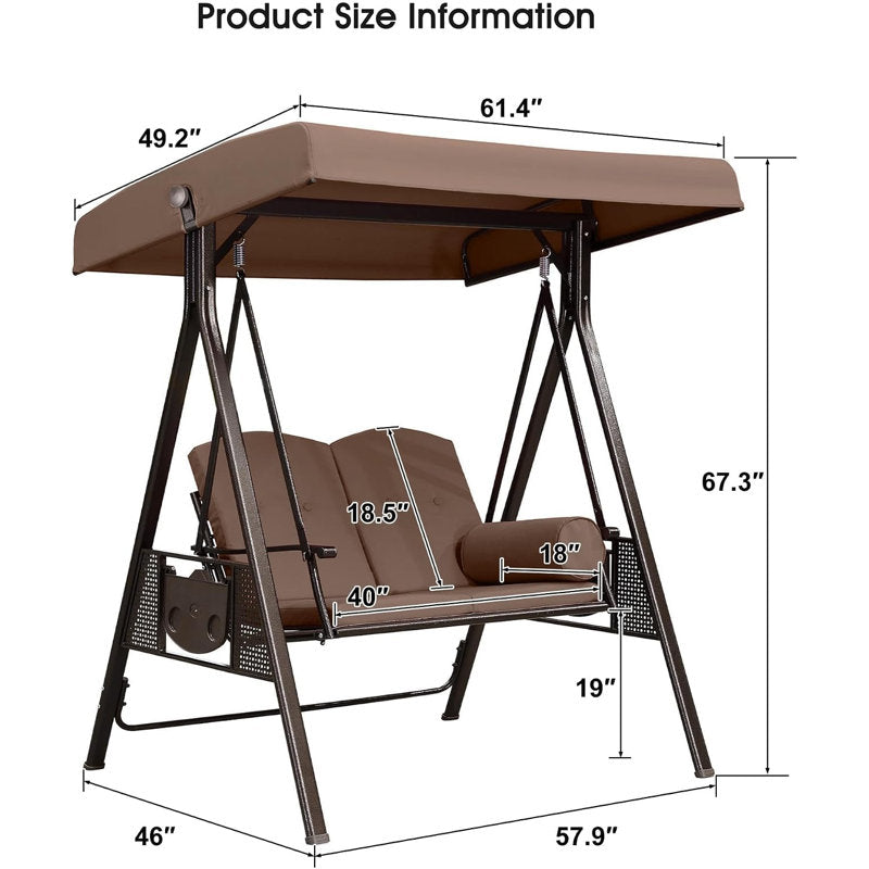 Deluxe Outdoor Patio Porch 2-seat Swing with Stand and Cup Holders and Cushions and Canopy and Pillow Included, Beige