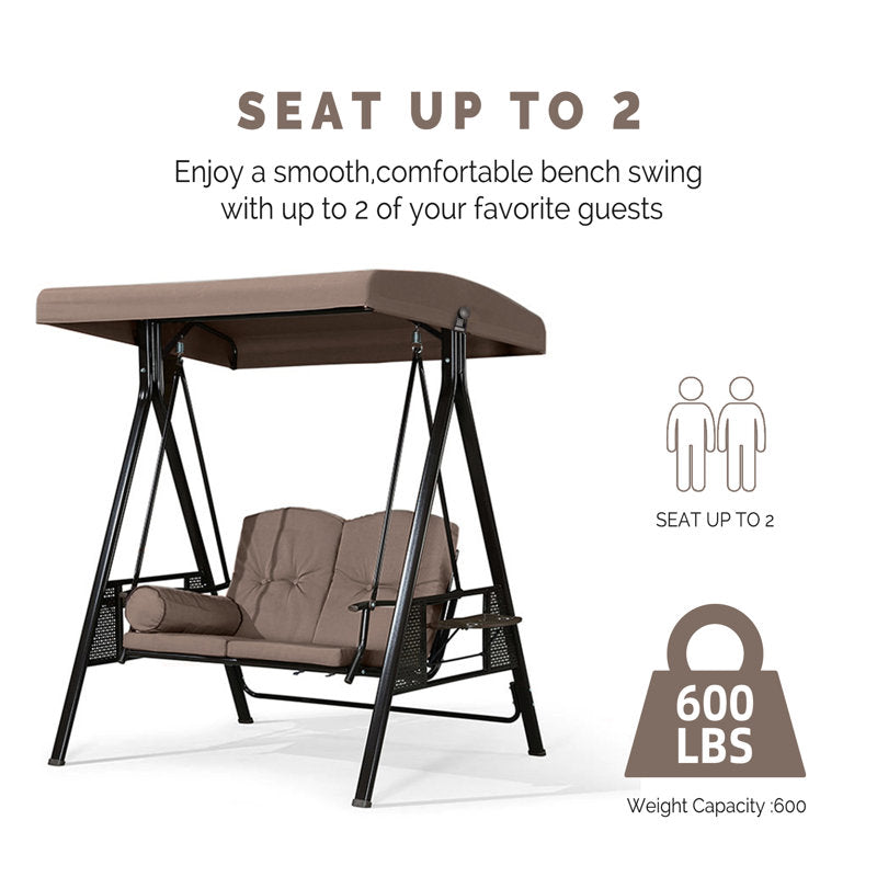 Deluxe Outdoor Patio Porch 2-seat Swing with Stand and Cup Holders and Cushions and Canopy and Pillow Included, Beige